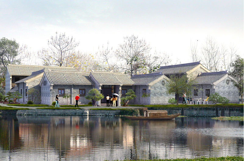 山東臺兒莊旅游大院建筑設計透視效果圖